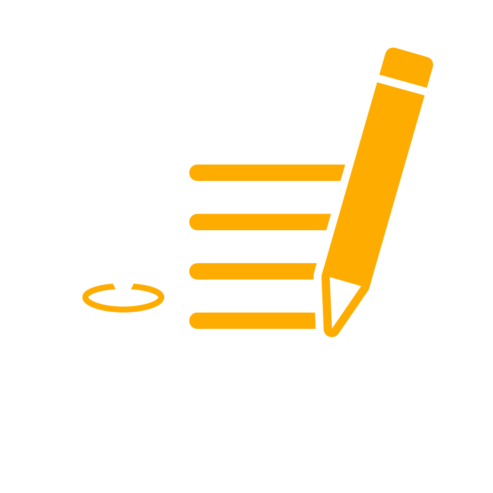 Weiß-gelbes Icon, das ein Tablet und einen Stift zeigt. Auf dem Tablet ist ein Standort-Symbol zu sehen.