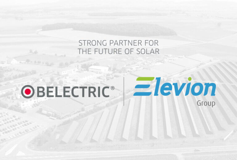 Aerial view of the Belectric site in Kolitzheim, superimposed with the slogan ‘Strong Partner for the Future of Solar’ including the logos of Belectric and the Elevion Group.