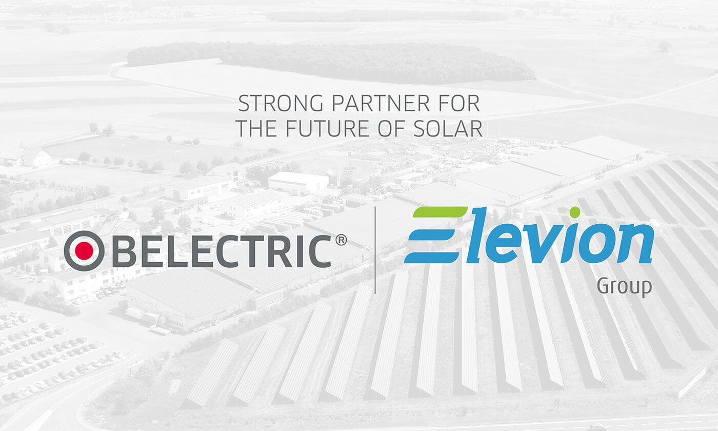 Aerial view of the Belectric site in Kolitzheim, superimposed with the slogan ‘Strong Partner for the Future of Solar’ including the logos of Belectric and the Elevion Group.