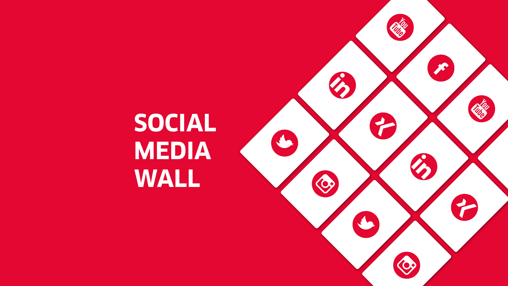 Red background on the social media wall, with icons of various social media platforms