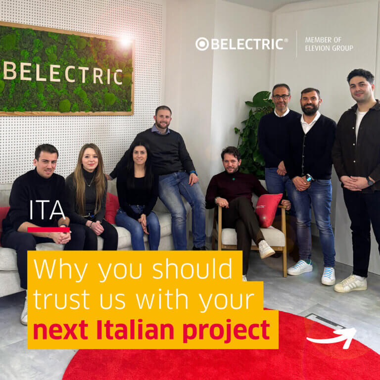 Belectric Italy employees in a group photo with the caption Why you should trust us with your next Italian project