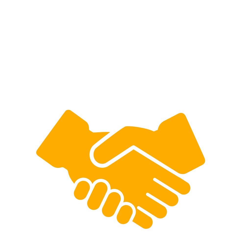 A white and yellow icon showing two hands that shake with team members in background