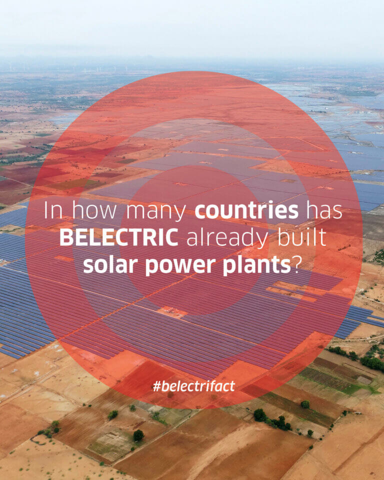 Solar park in the background and the question in how many countries has BELECTRIC already built solar power plants