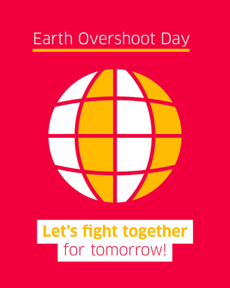 White & yellow globe on a red background with the slogan let's fight togehter for tomorrow