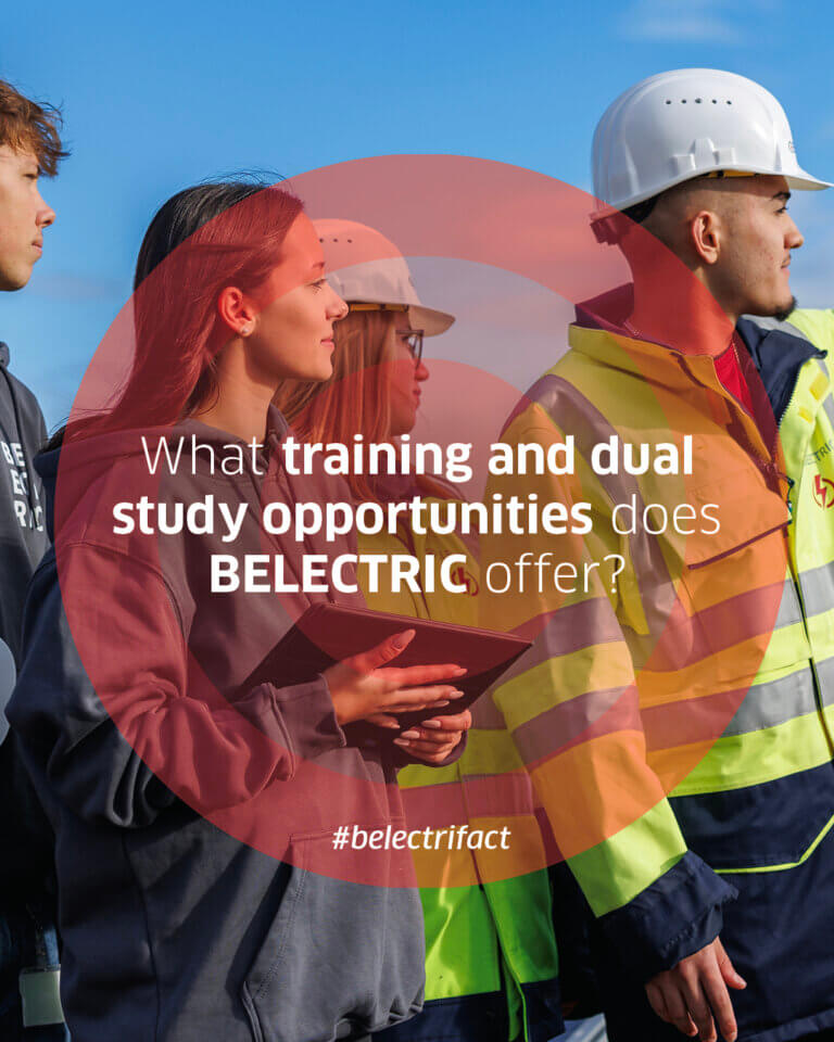 Shows four young people, two of them wearing construction helmets and high-visibility jackets. In the foreground, a slightly transparent red circle reads "What training and dual study opportunities does BELECTRIC offer?"