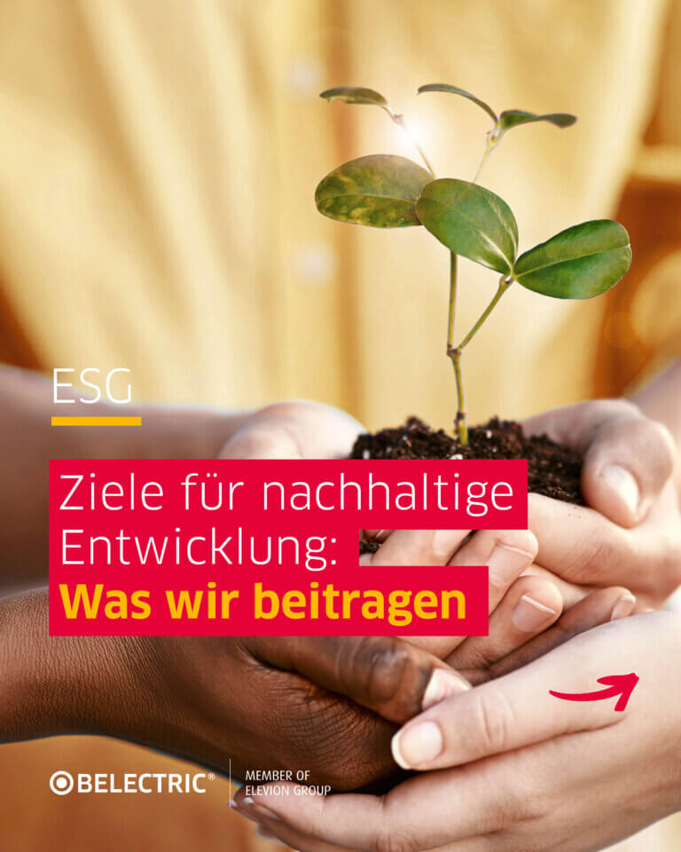 Mehrere Hände halten Erde und eine kleine Pflanze. Darauf steht der Text "ESG: Ziele für nachhaltige Entwicklung: Was wir beitragen"