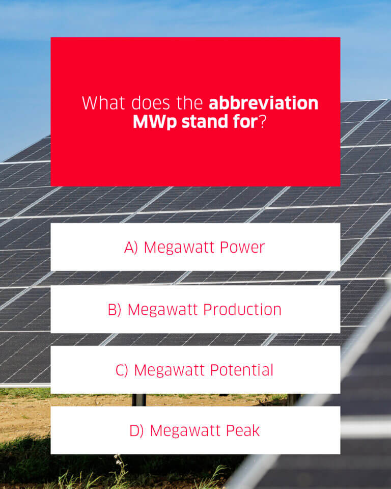 Solar panel in the background, with the question in front: What does the abbreviation MWp stand for?